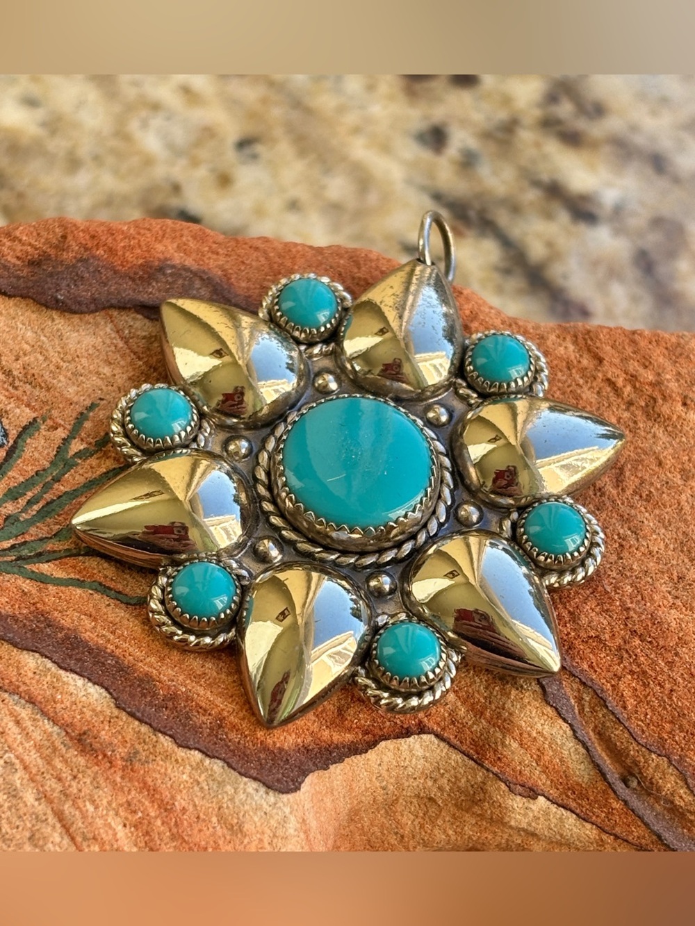 Vintage Bell Trading Post Nickel Silver Starburst Pendant Turquoise Accents